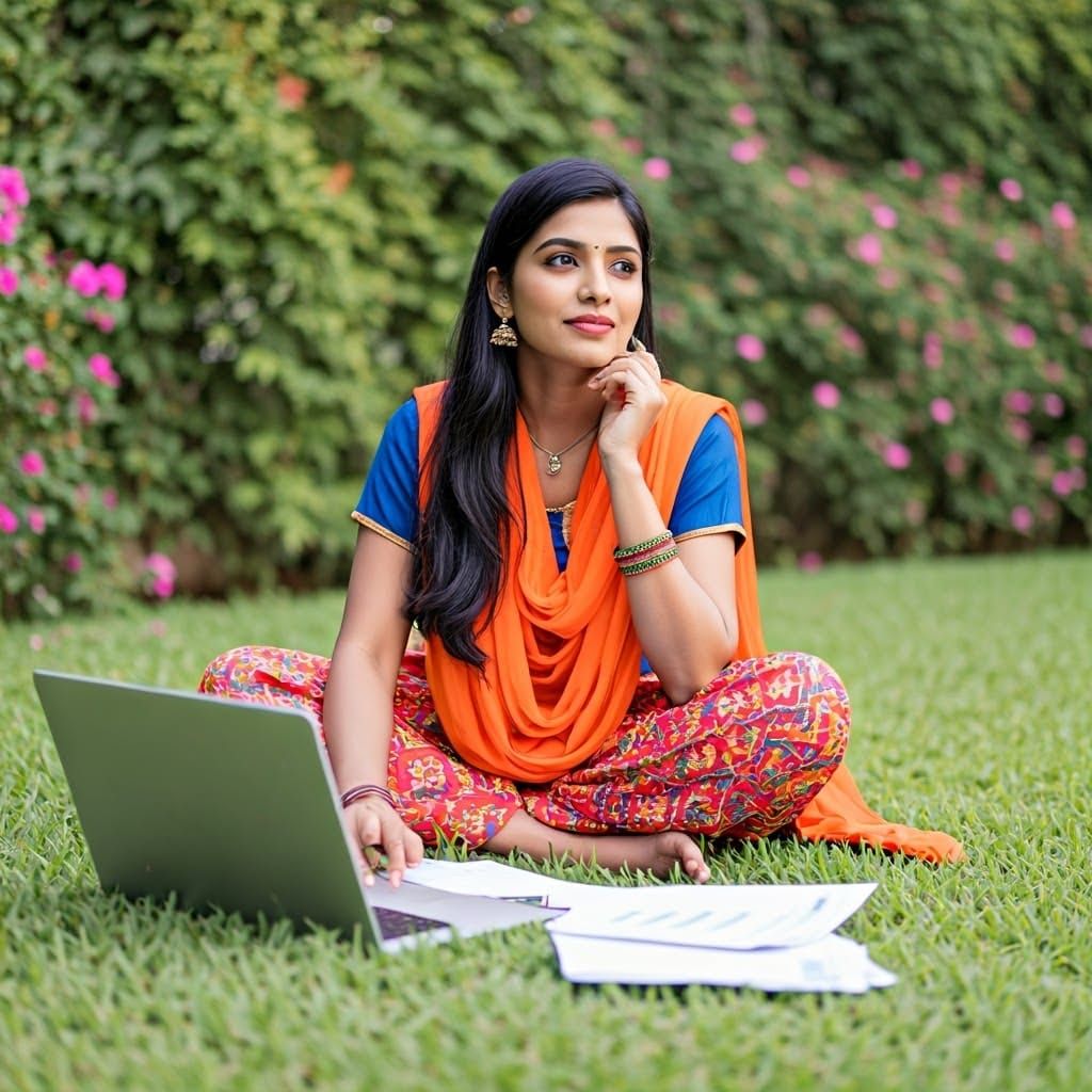 Indian Woman's Financial Dreams: Serene Garden Scene