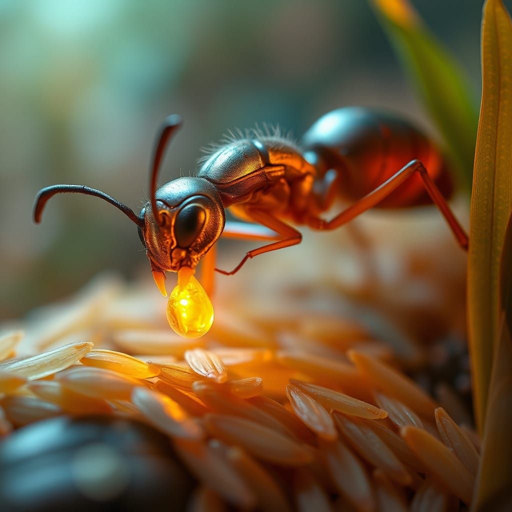 Fantastical Ant Pulling Translucent Grain in Mystical Realm