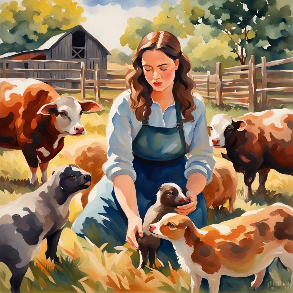 Voluptuous Woman Feeds Farm Animals: Gouache Impressionism