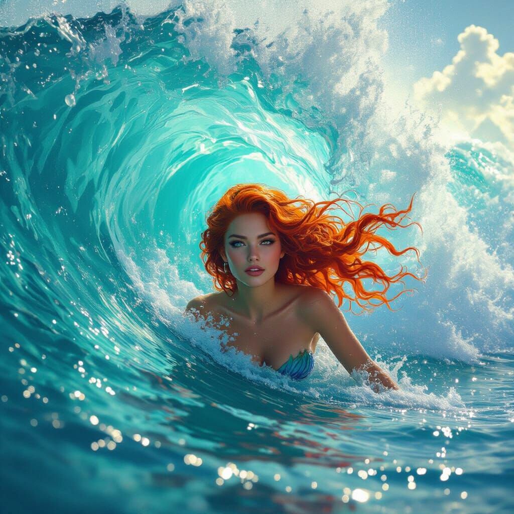 Redhead Mermaid in Colossal Wave: Fantasy Concept Art
