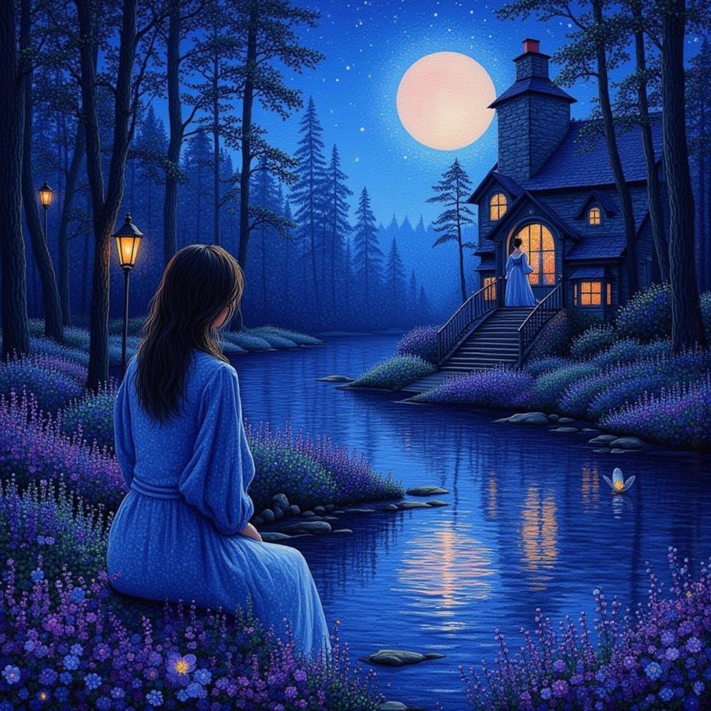 Enchanted Cottage by Moonlit River in Pointillist Style