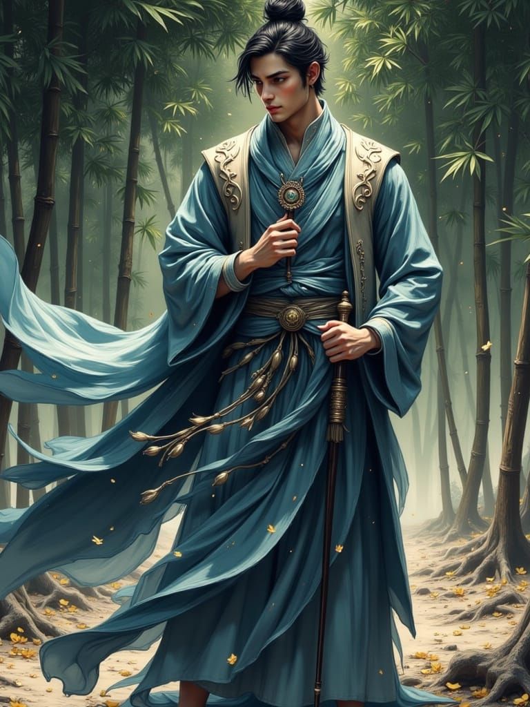 Elegant Cultivator Amidst Lush Bamboo Forest in Chinese Ink ...