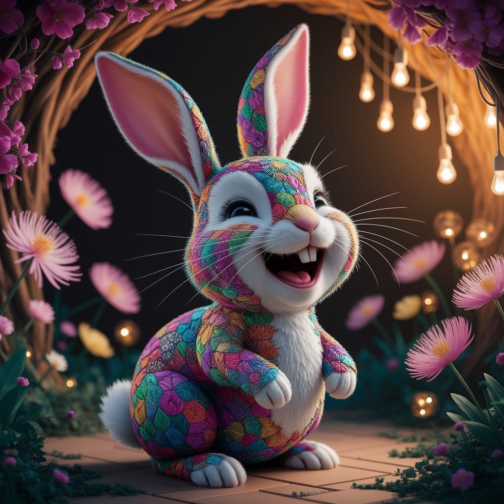 Joyful Bunny in 3D Quilted Patchwork Illustration