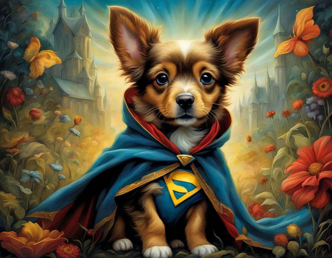 Superhero Puppy Portrait in Storybook Style