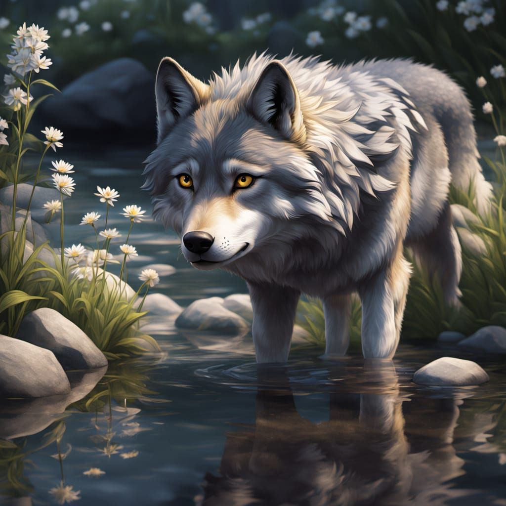 Dark Grey Wolf by the Water in Anime Style
