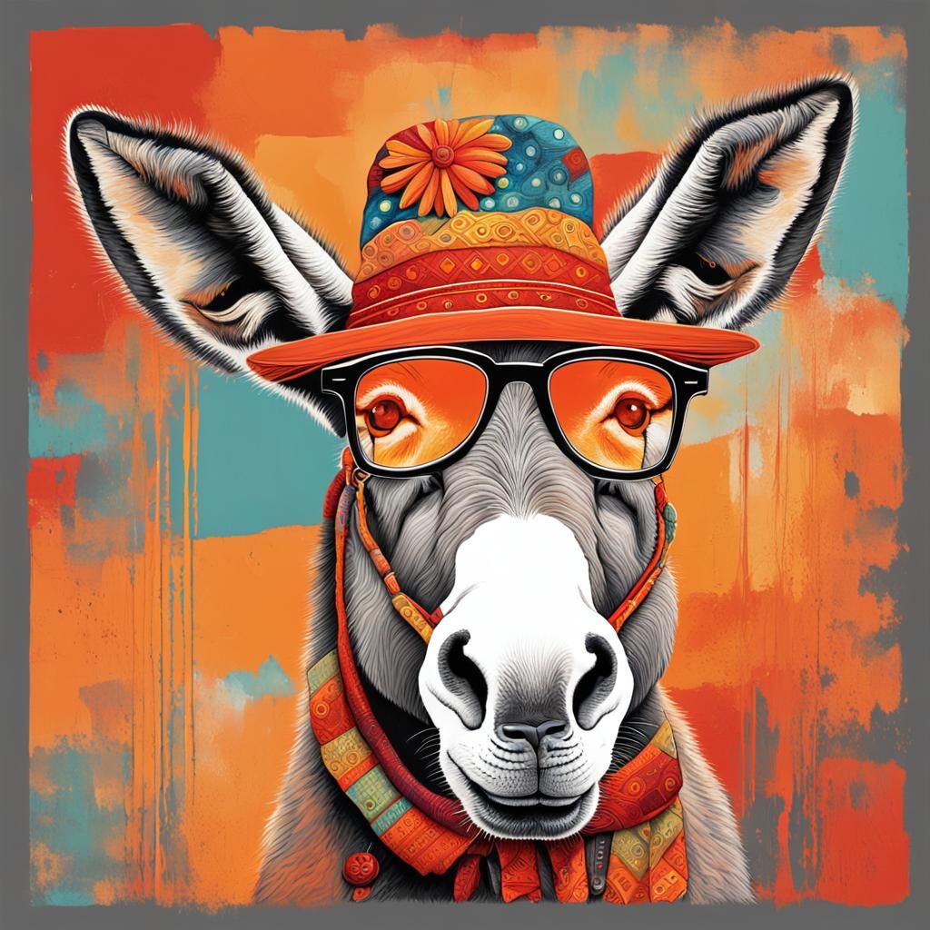 Happy Donkey in Red and Orange Abstract Art