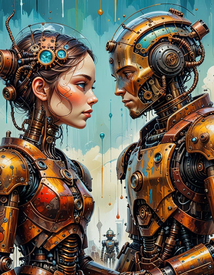 Steampunk People and Robots Sharing Kindness