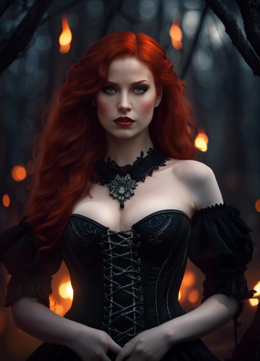 Redhead Vampire in a Flaming Forest: Hyperrealistic Portrait