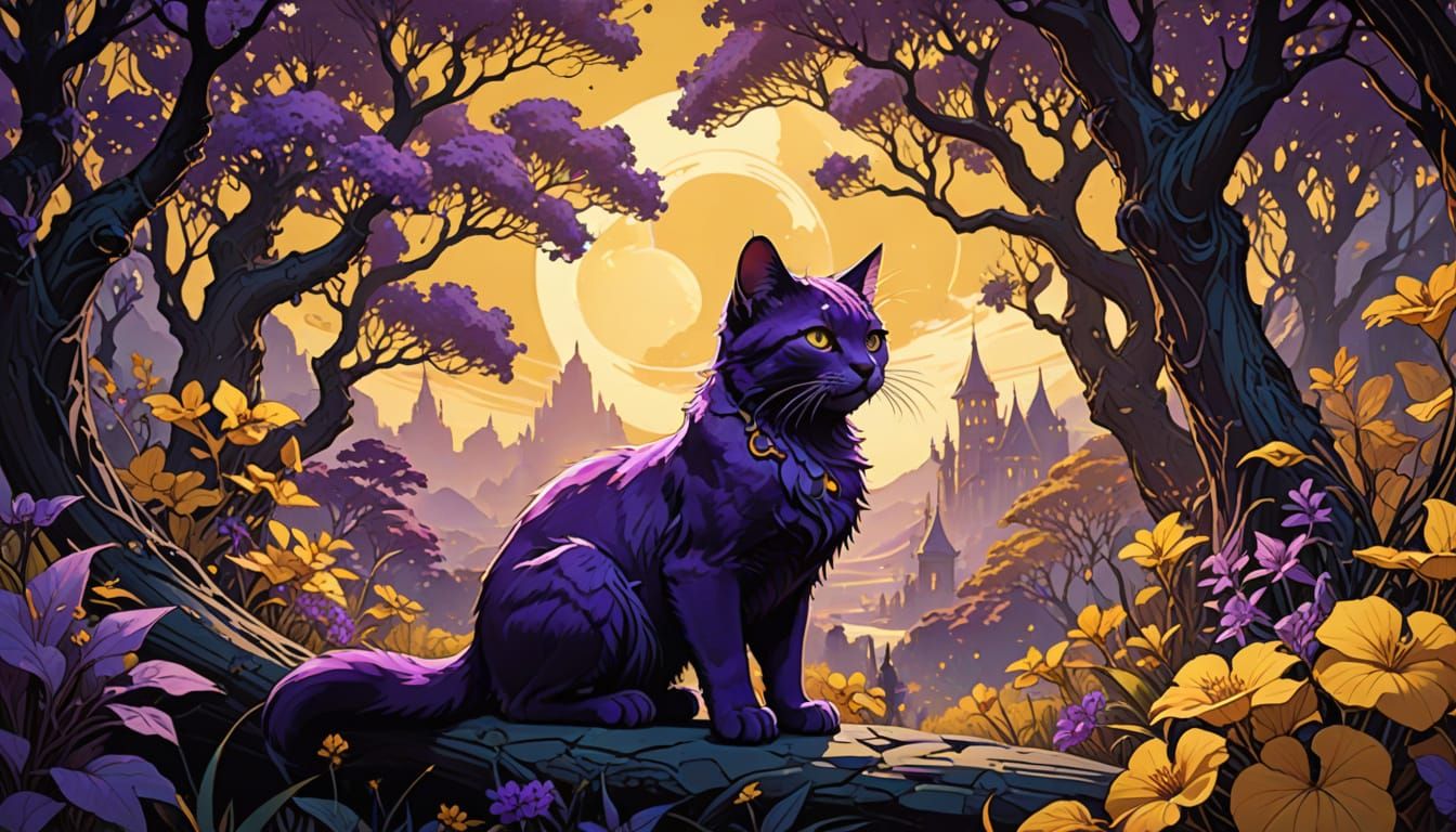 Vibrant Dark Fantasy Scene with Playful Kittens and Cosmic E...