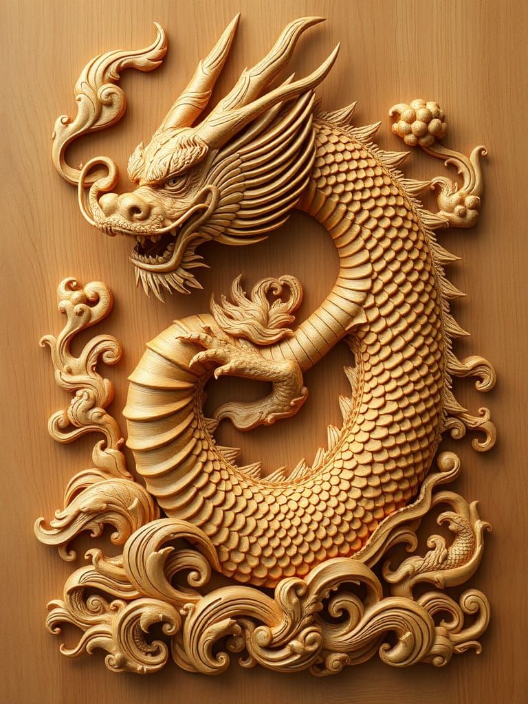 Intricately Carved Wooden Dragon Sculpture with Swirling Fla...