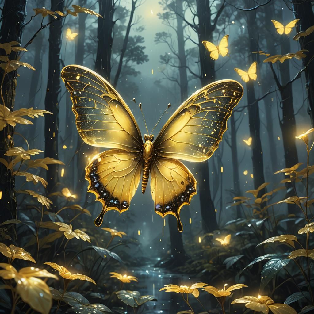 Bioluminescent Butterfly in Rainy Forest Concept Art