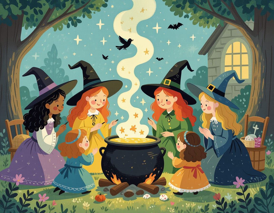 Witches Coven Around Cauldron Children's Book Style