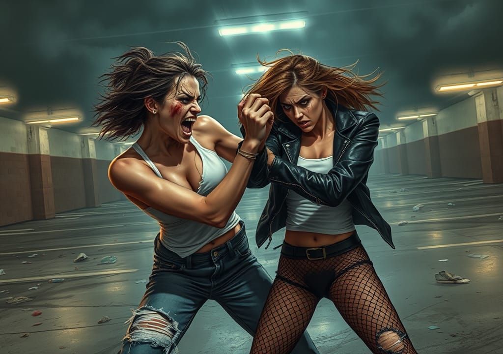 Catfight in an empty parking lot