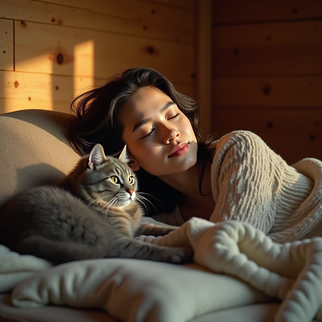 Cozy Home: Woman and Cat in Rustic Setting