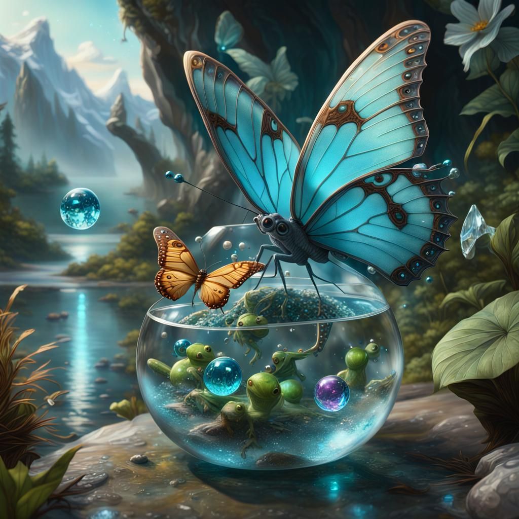 Butterfly and Bioluminescent Frogs in Mountain Landscape