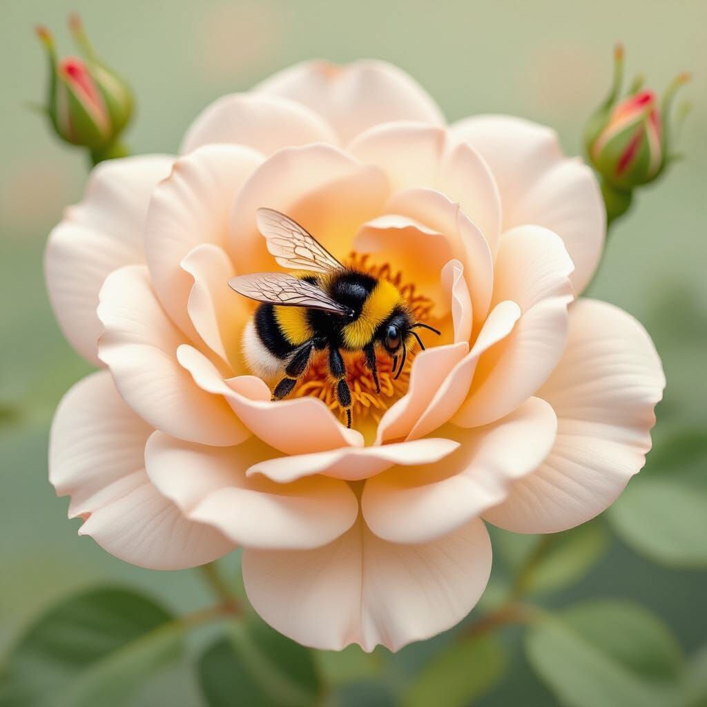 Bumble Bee Sleeping in Rose, Whimsical Illustration