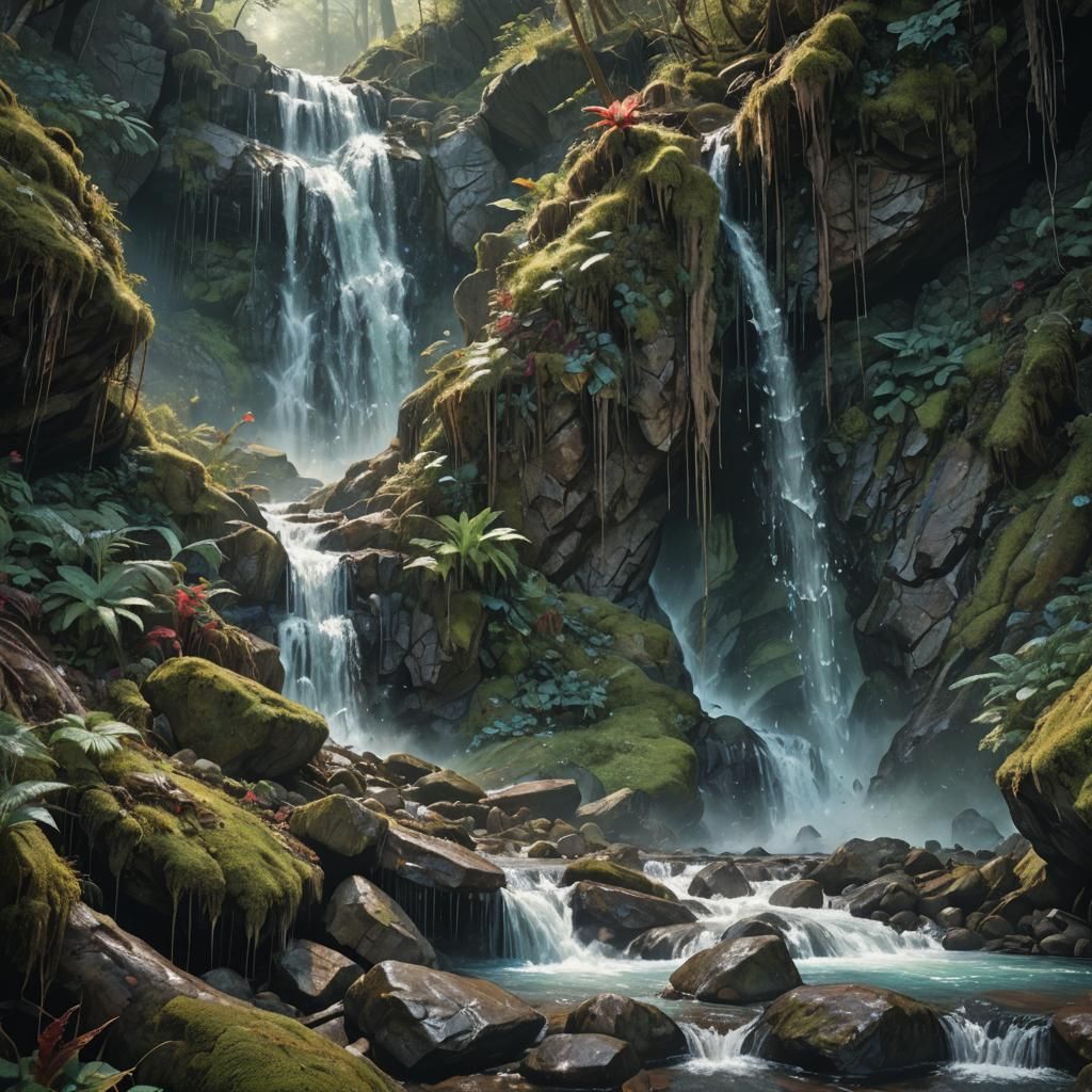 Mystical Forest Waterfall in Carne Griffiths Style