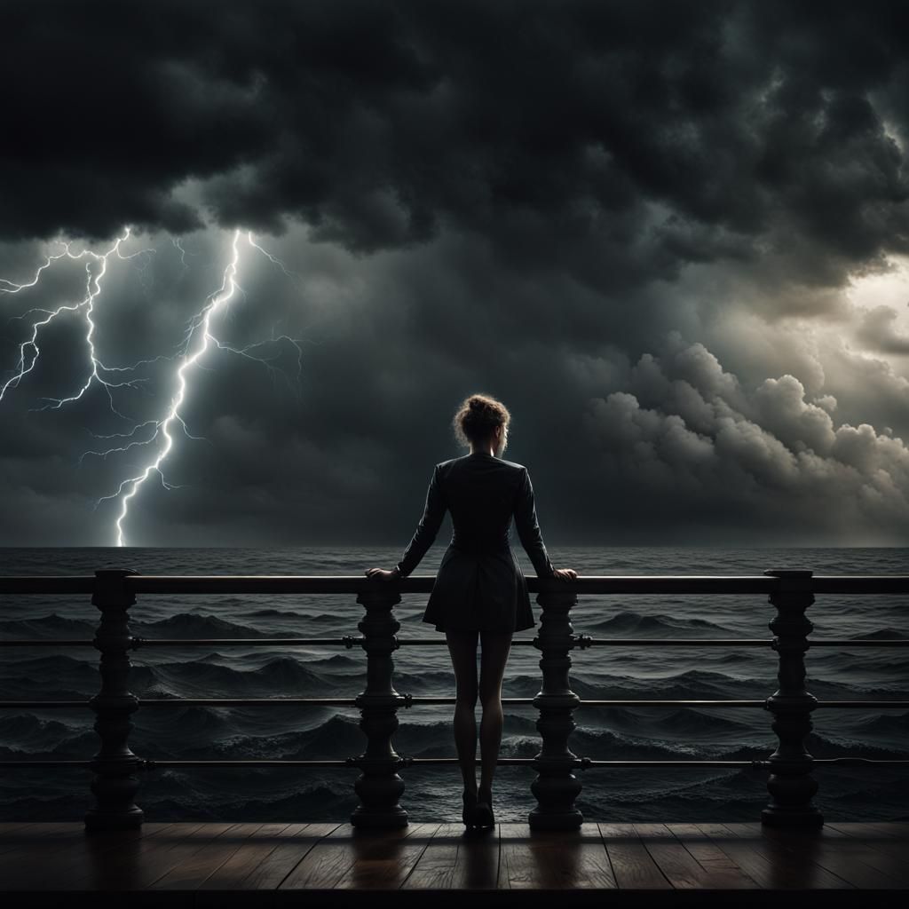 Woman Silhouetted on Ship During Sea Storm