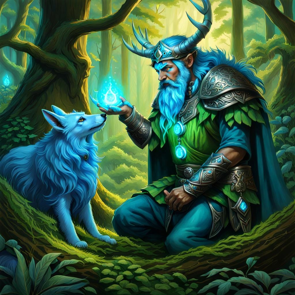 Azure Firbolg Druid Heals Animal with Green Aura