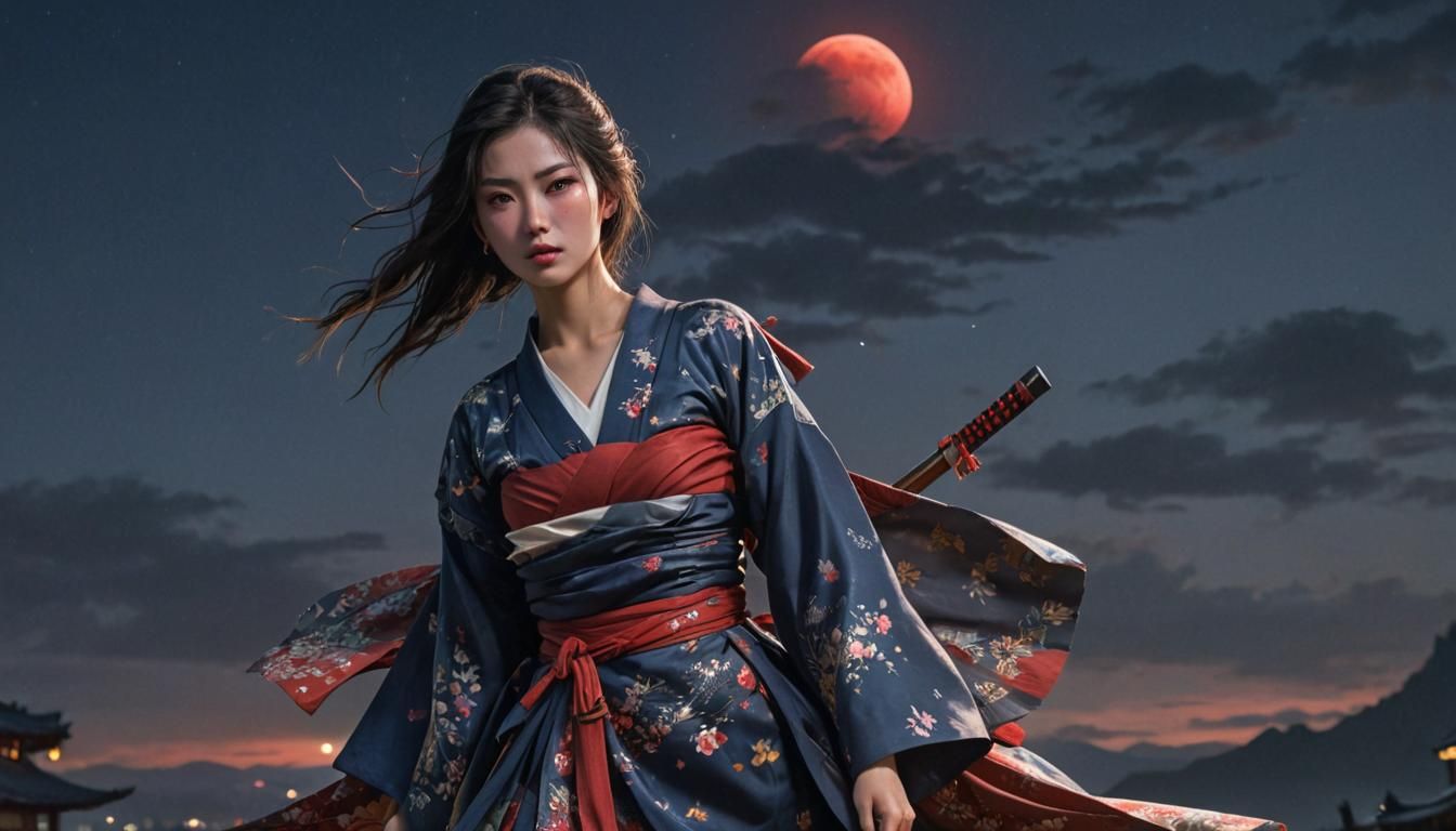 Samurai Girl in Kimono Under Red Moon
