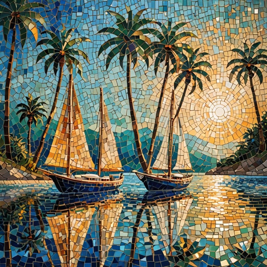 Sailboats at Dawn as Mosaic Art