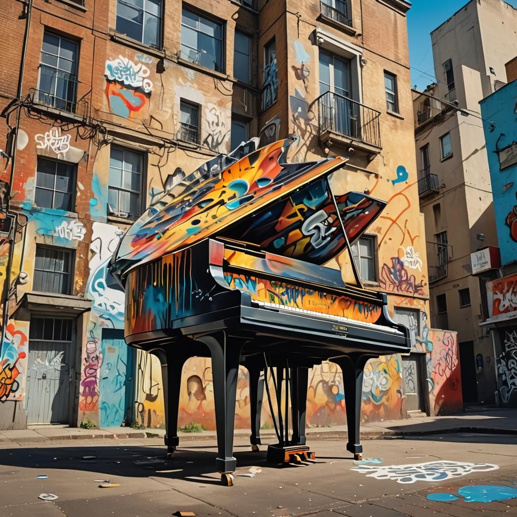 Piano Spaceship Graffiti Art in City Street