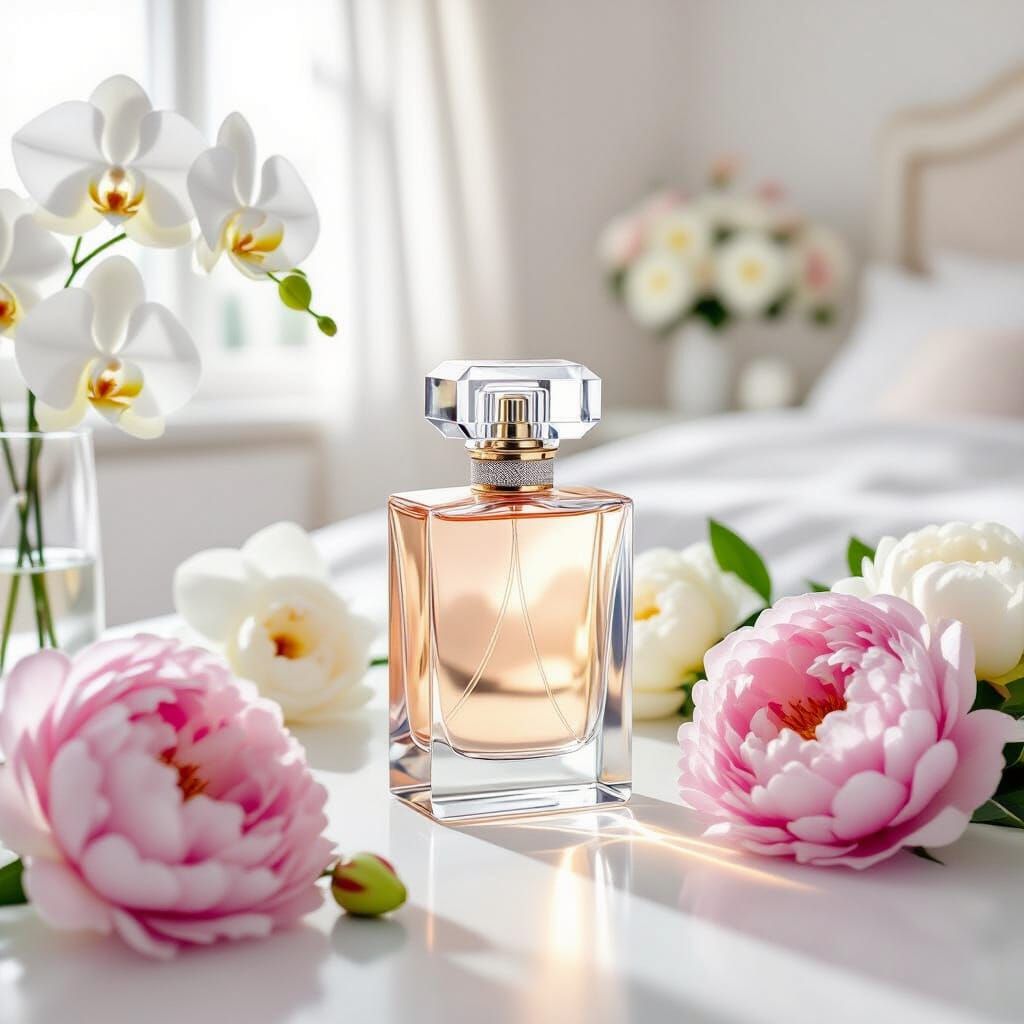 Perfume Bottle Surrounded by Floral Elegance