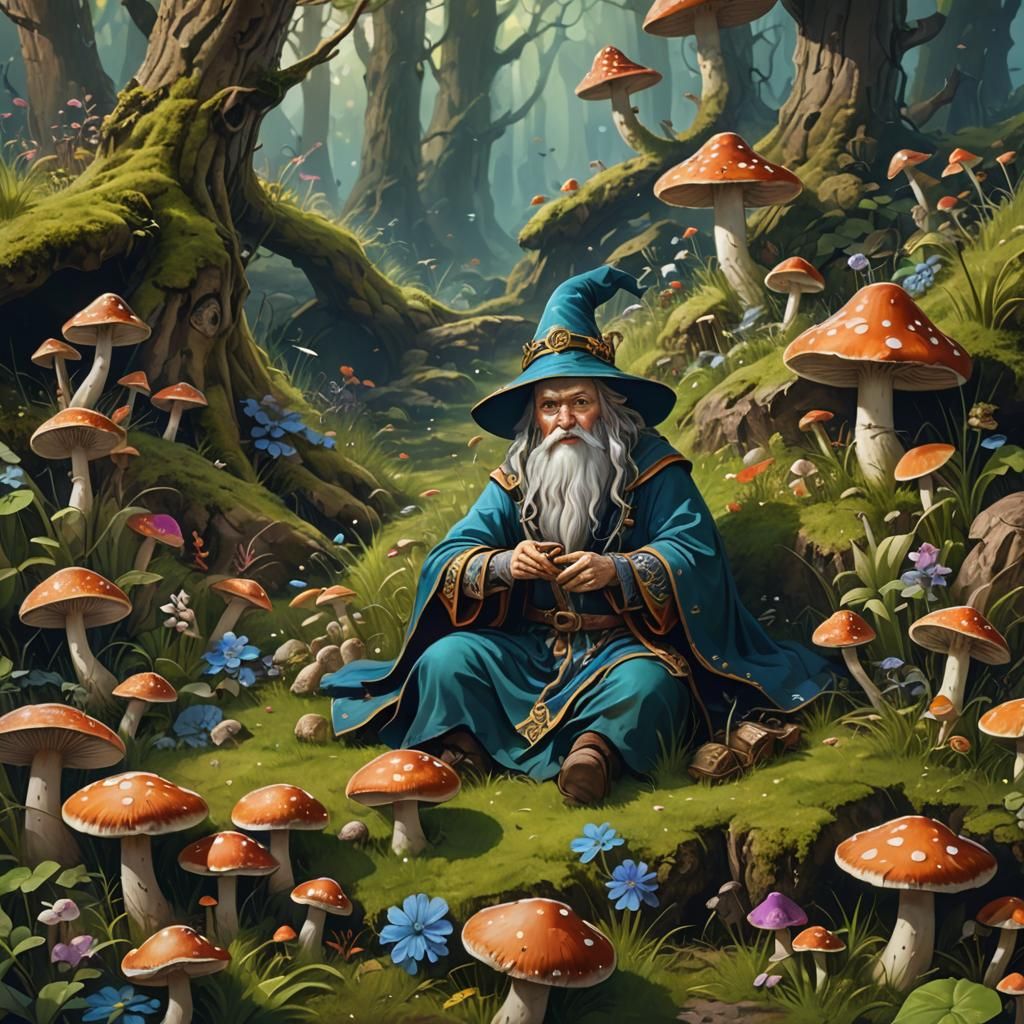 Wizard in Psychedelic Mushroom Meadow: Medieval Flat Art