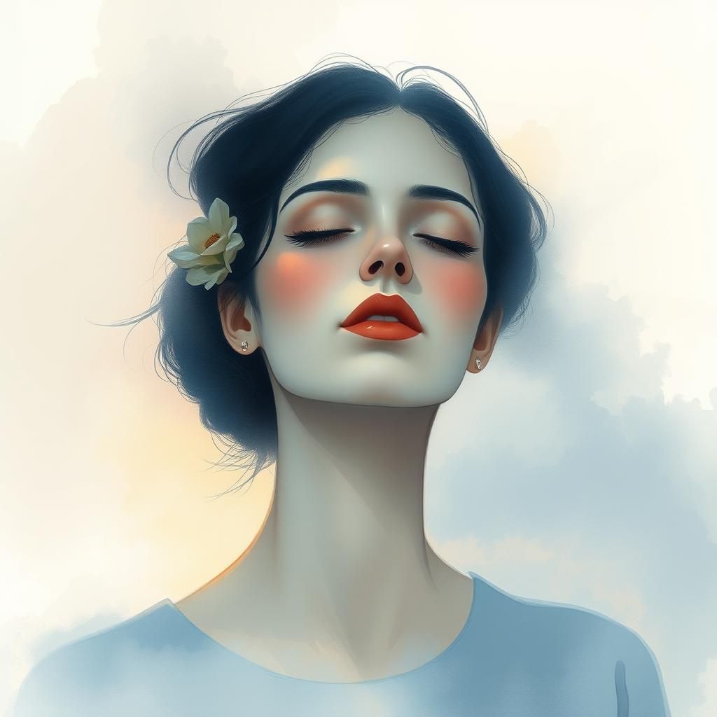 Serene Woman in Dreamy Watercolor Landscape