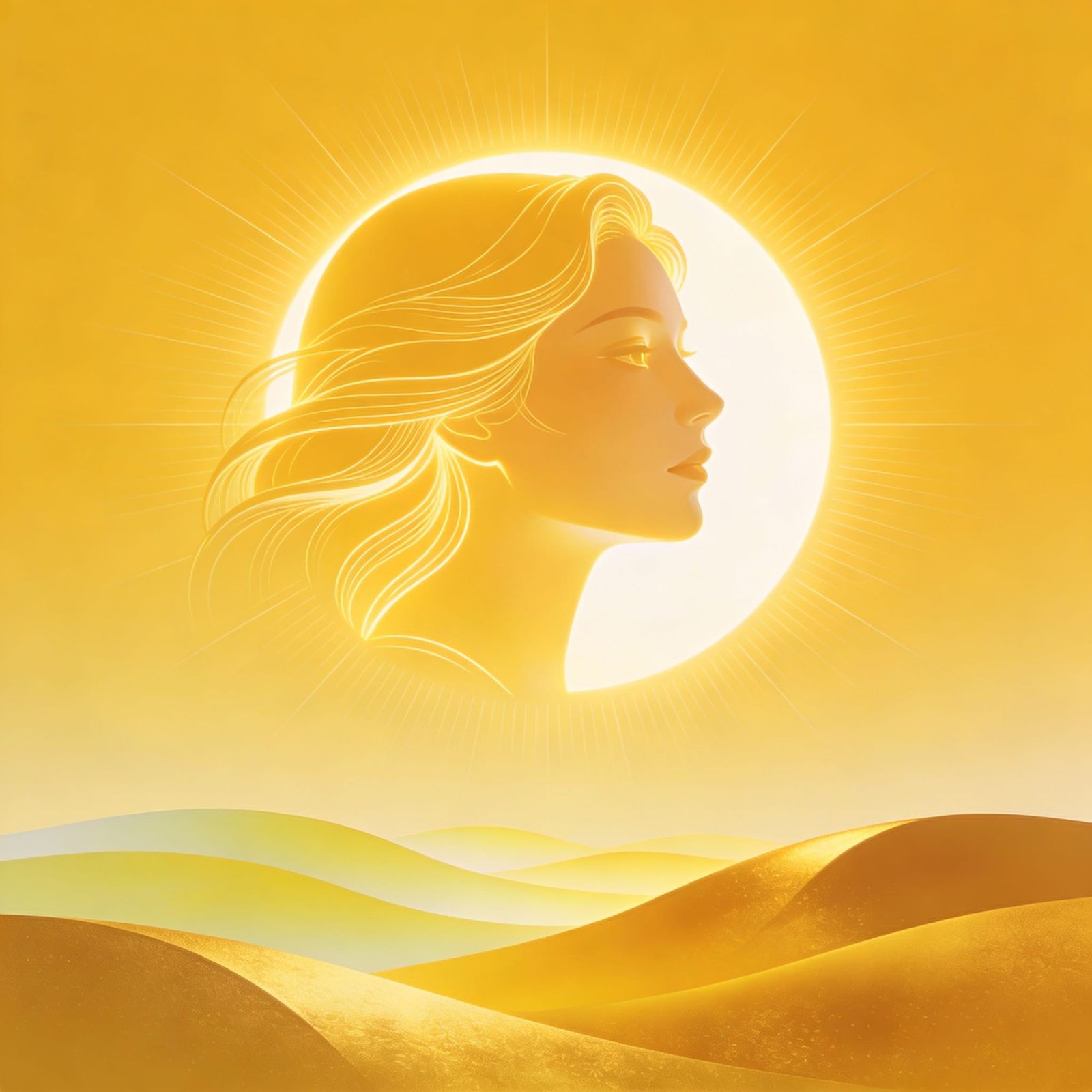 Serene Face in Golden Sun Over Rolling Valley