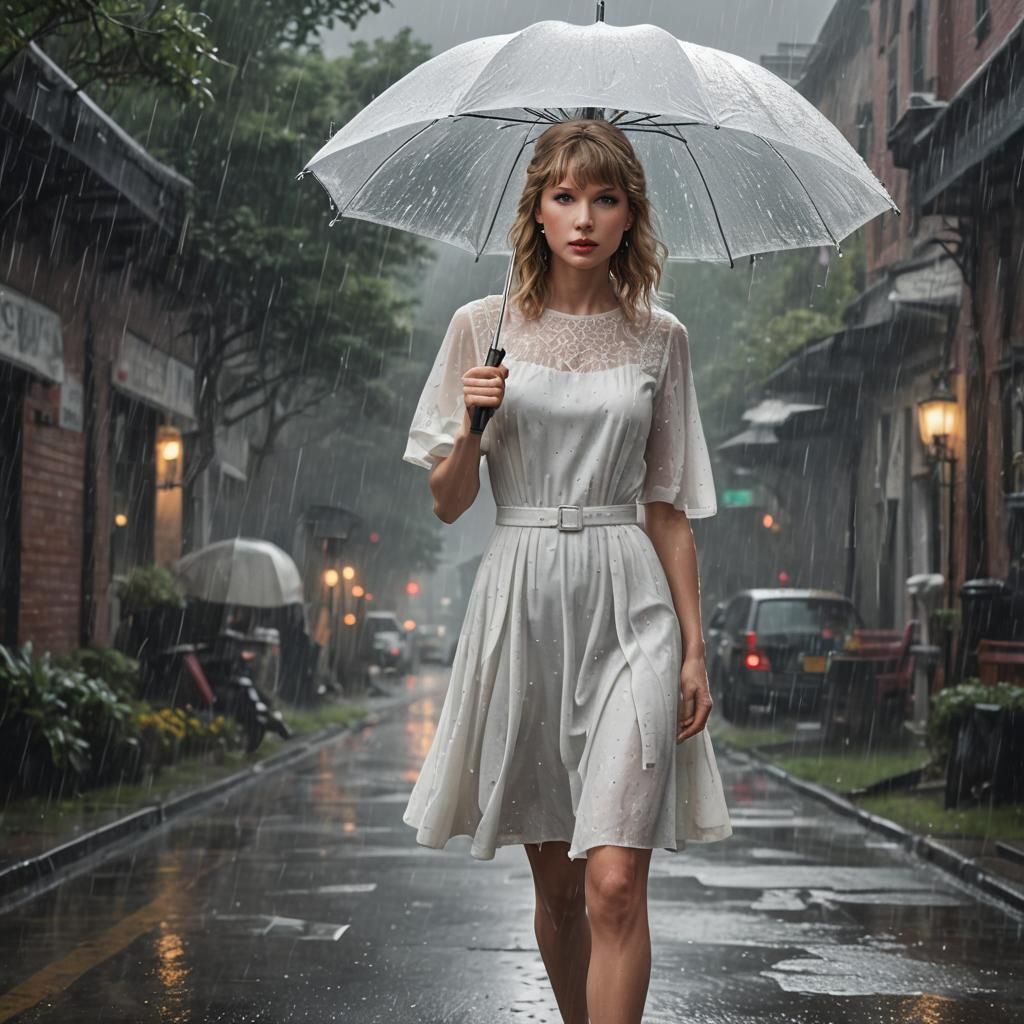 Woman with Umbrella in Rain: Fantasy Art