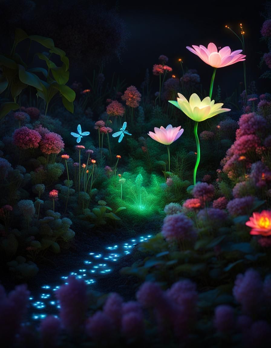 Neon Glowing Fairy Garden at Night