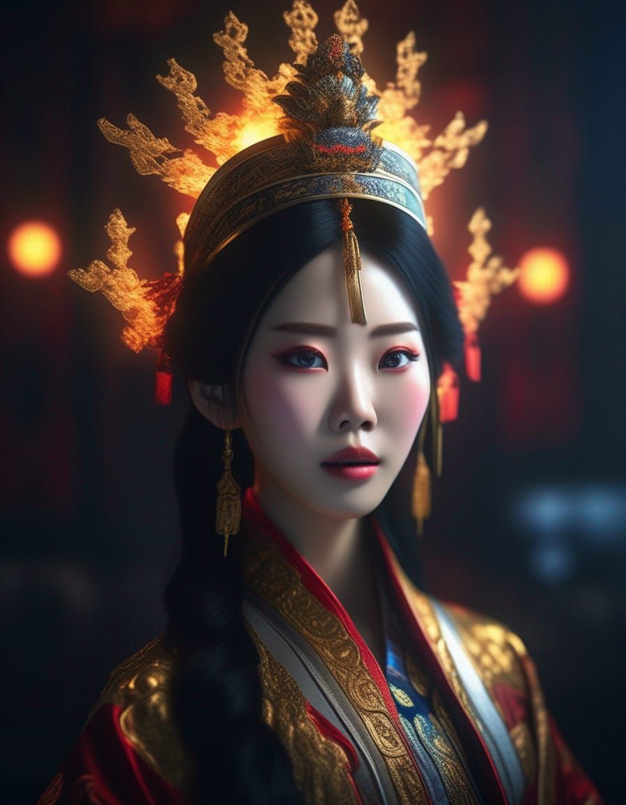 Hyper-Realistic Chinese Empress Portrait in Neon Lighting