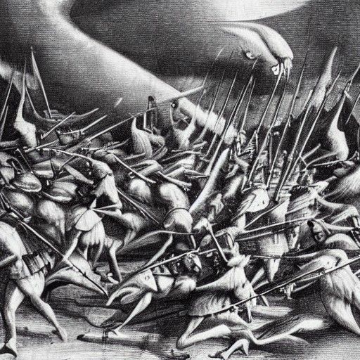 Giant Bird Destroys Medieval Army: Charcoal Drawing