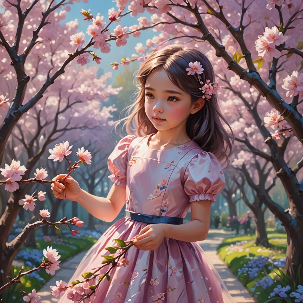 Girl Picking Flowers in Garden, Digital Fantasy Art