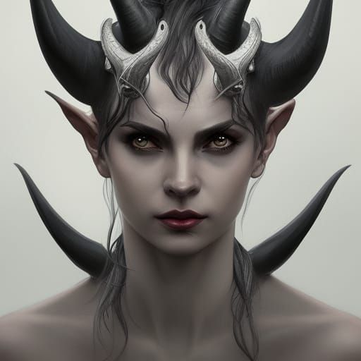 Horned Grey Demon Portrait in Hyperdetailed Style