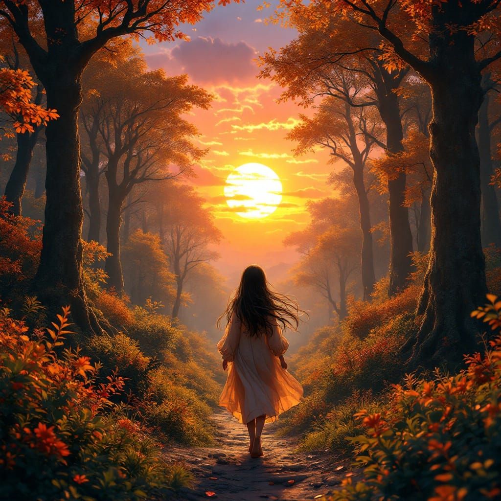 Girl in Forest Sunset: 3D Anime Art