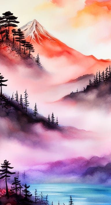 Japanese Tiered Art Landscape in Pastel Watercolor