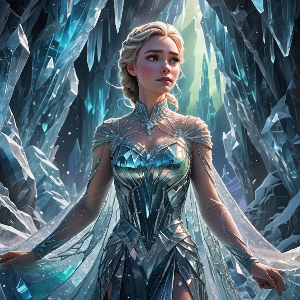 Elsa in Crystal Cave: Hyperrealistic Concept Art