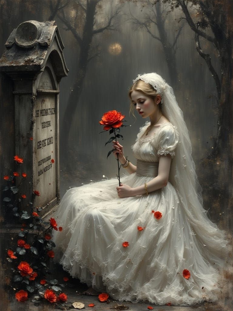 Melancholy Woman in Graveyard with Red Rose
