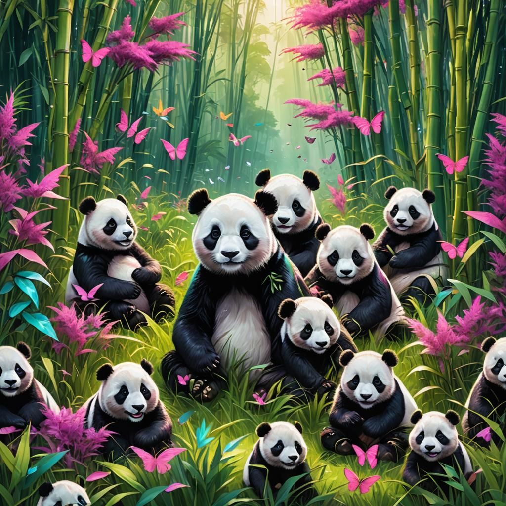Iridescent Panda Family in Neon Meadow, Digital Art