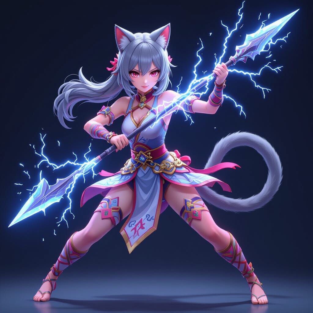 Anime Dancer with Lightning Spear and Cat Ears