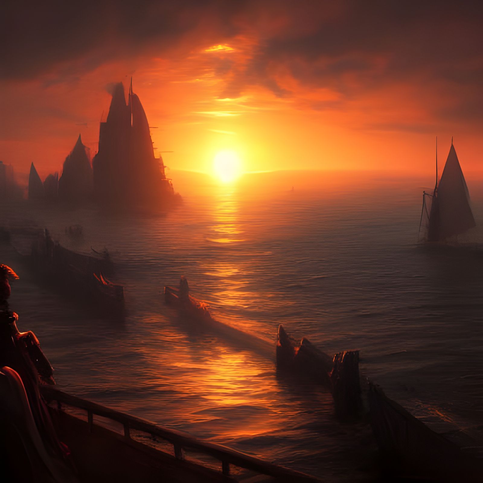 Dramatic Sunset Over Bay, Detailed Fantasy Art