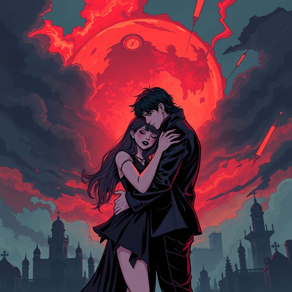 Ethereal Emo Goth Couple Embracing Under a Fiery Apocalypse