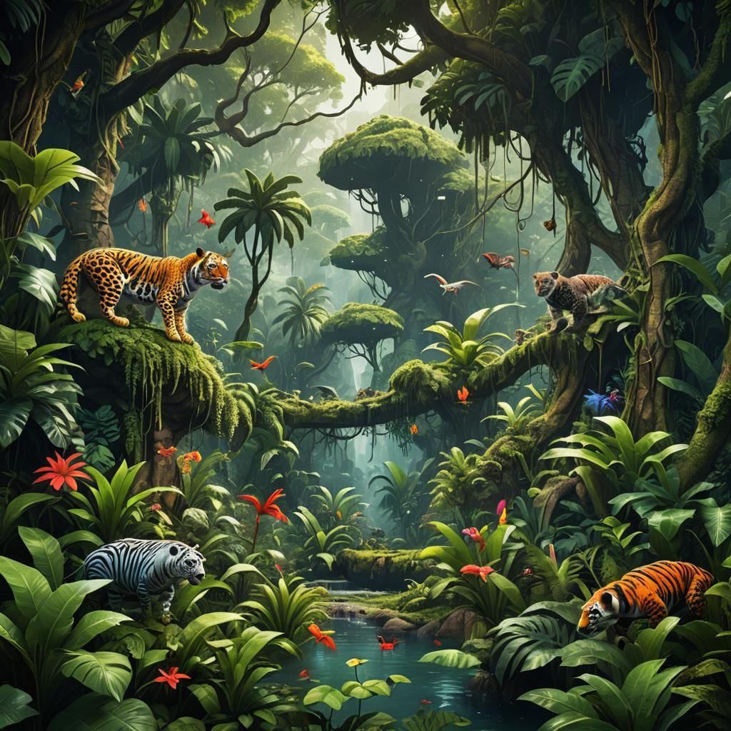 Lush Jungle with Exotic Animals: Digital Art