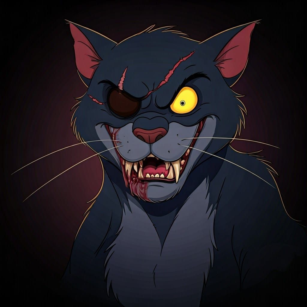 Menacing Black Cat with Jagged Scar and Battle Scars in Dark...
