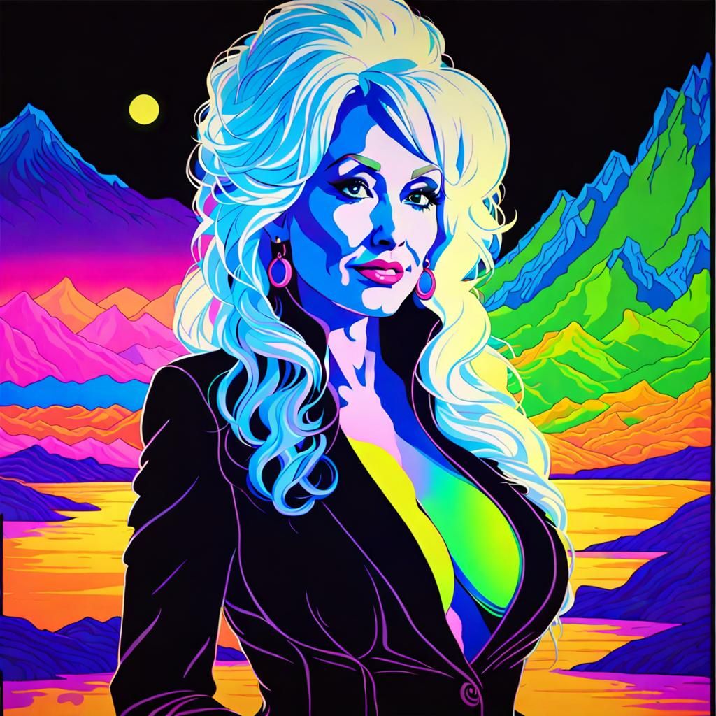 Dolly Parton Black Light Art in Neon Colors