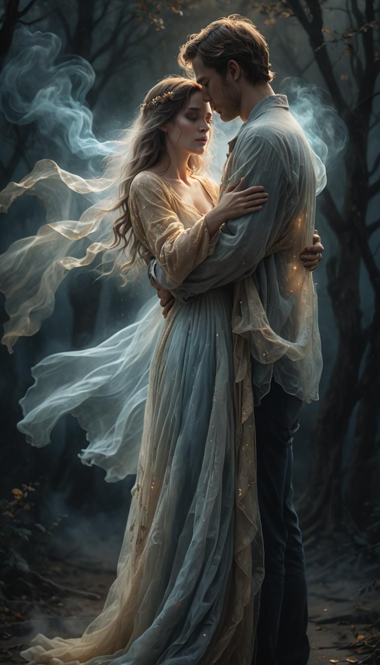 Man Embraces Ghost in Ethereal Romance Art