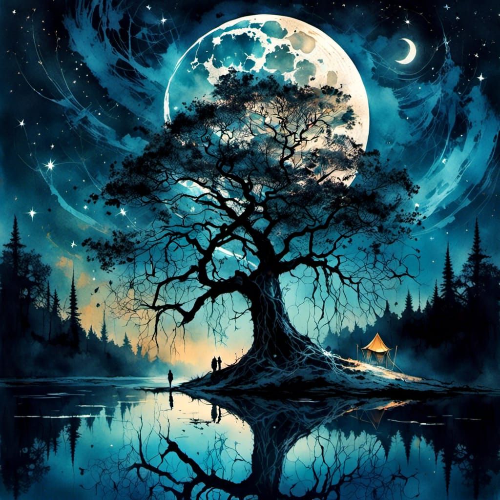 Starry Night Bodhi Tree: Dark Fantasy Concept Art