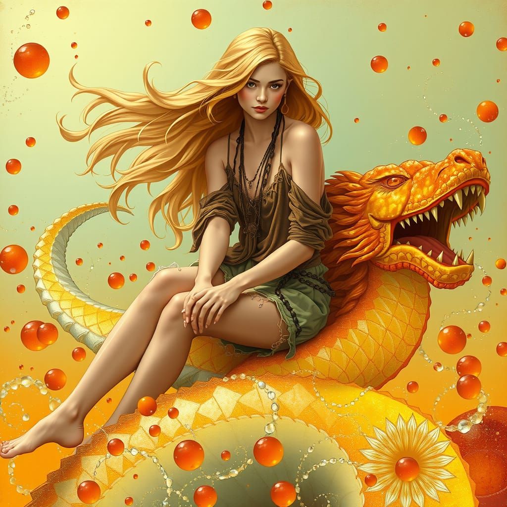 Woman on Gummy Dragon in Effervescent Sea